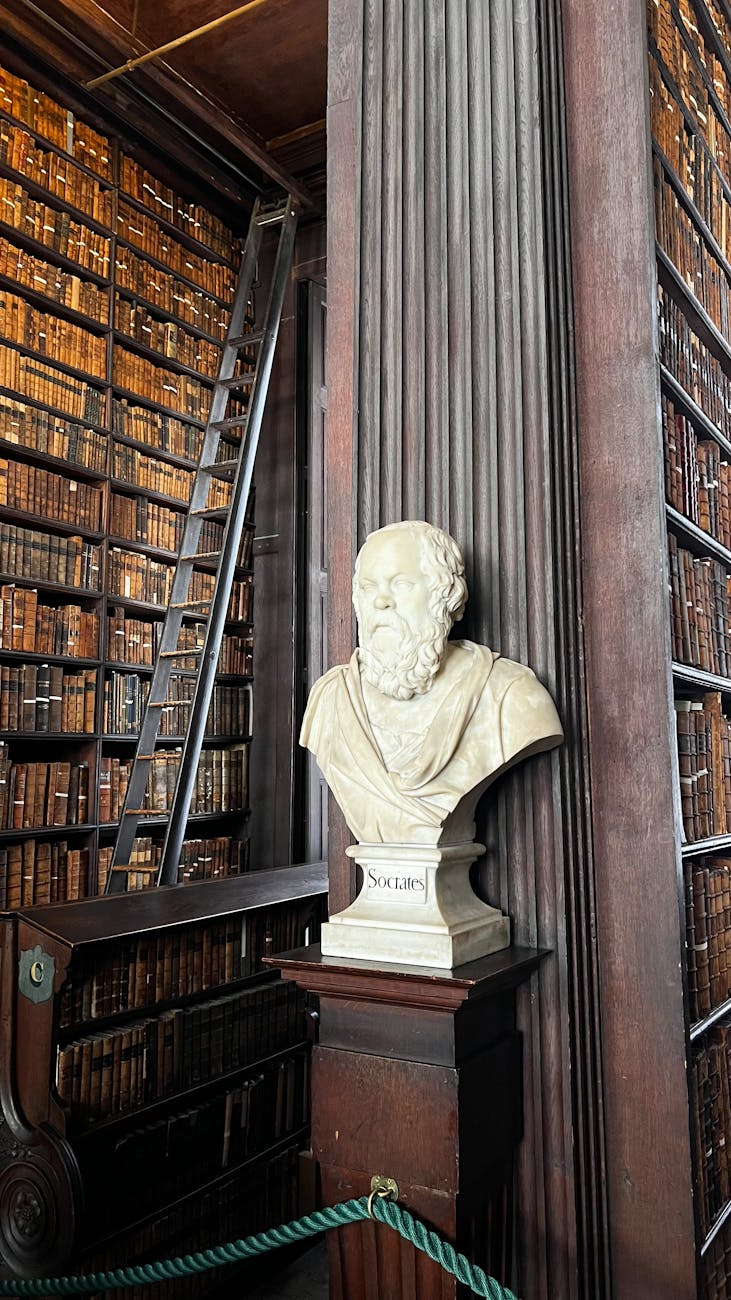 bust of socrates in historic trinity college library
