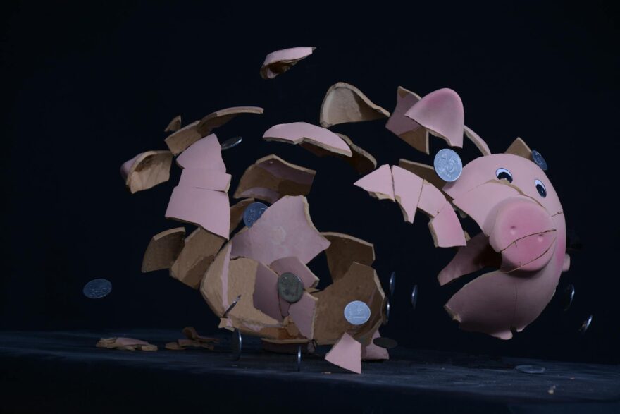 shattered pink piggy bank